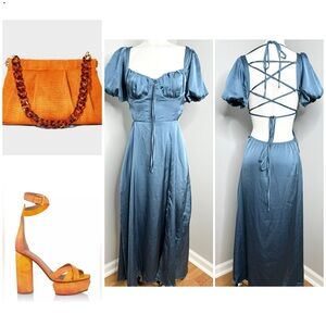 CIDER BLUE OPEN OPEN BACK DRESS -L